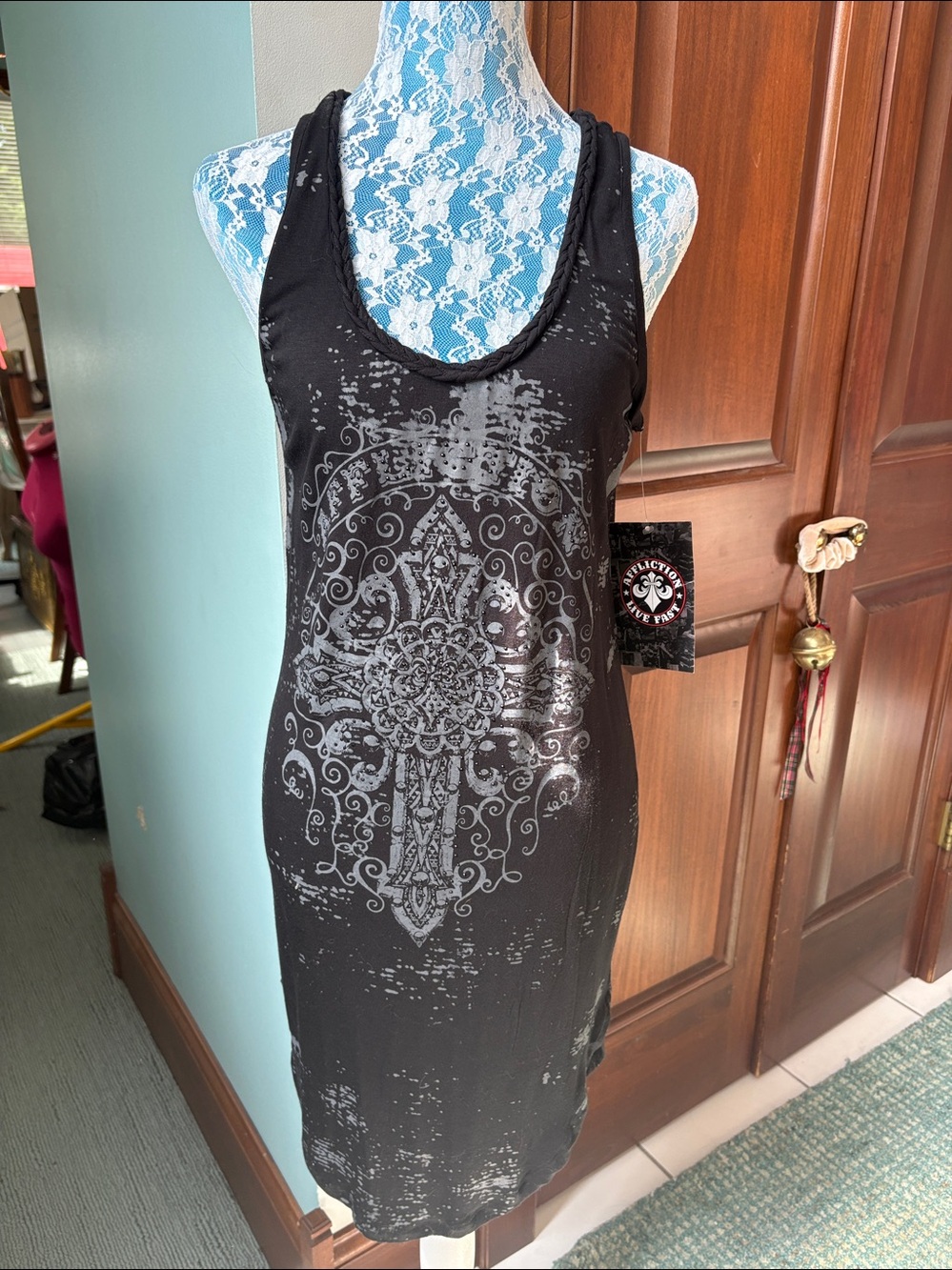 Affliction  Chambery Dress Black  sleeveless bodycon  gray Graphic cross/ beads
